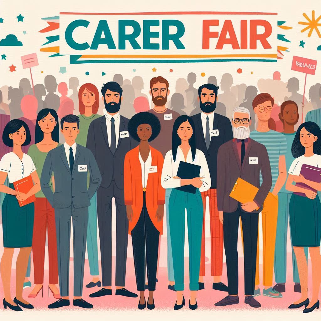 "A bustling career fair hall with attendees visiting various booths and speaking with company representatives. People are holding resumes and brochures, engaging in conversations about job opportunities. Banners and signs display company names and logos, creating an energetic and professional atmosphere."